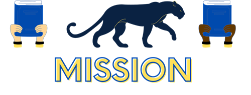Clipart of books and panther with text "Mission"